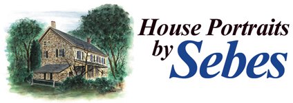 House Portraits by Sebes logo with a water color portrait of an old stone home next to a tree